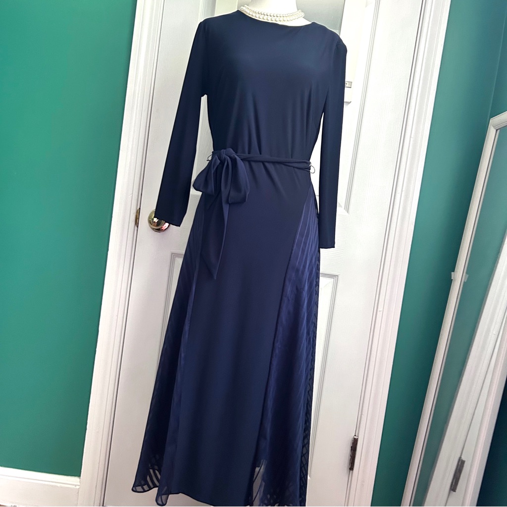 Ralph Lauren Navy Belted A-Line Long Sleeve Midi Dress 4